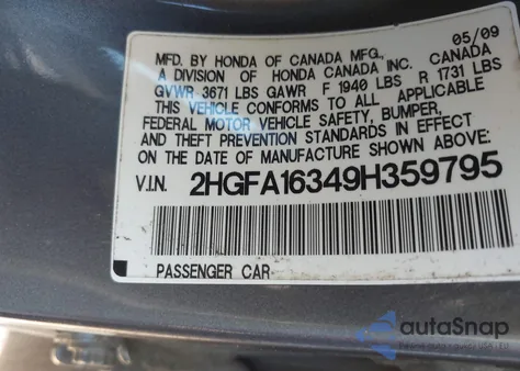 2009 Honda Civic Vp from USA, damaged, VIN 2HGFA16349H359795